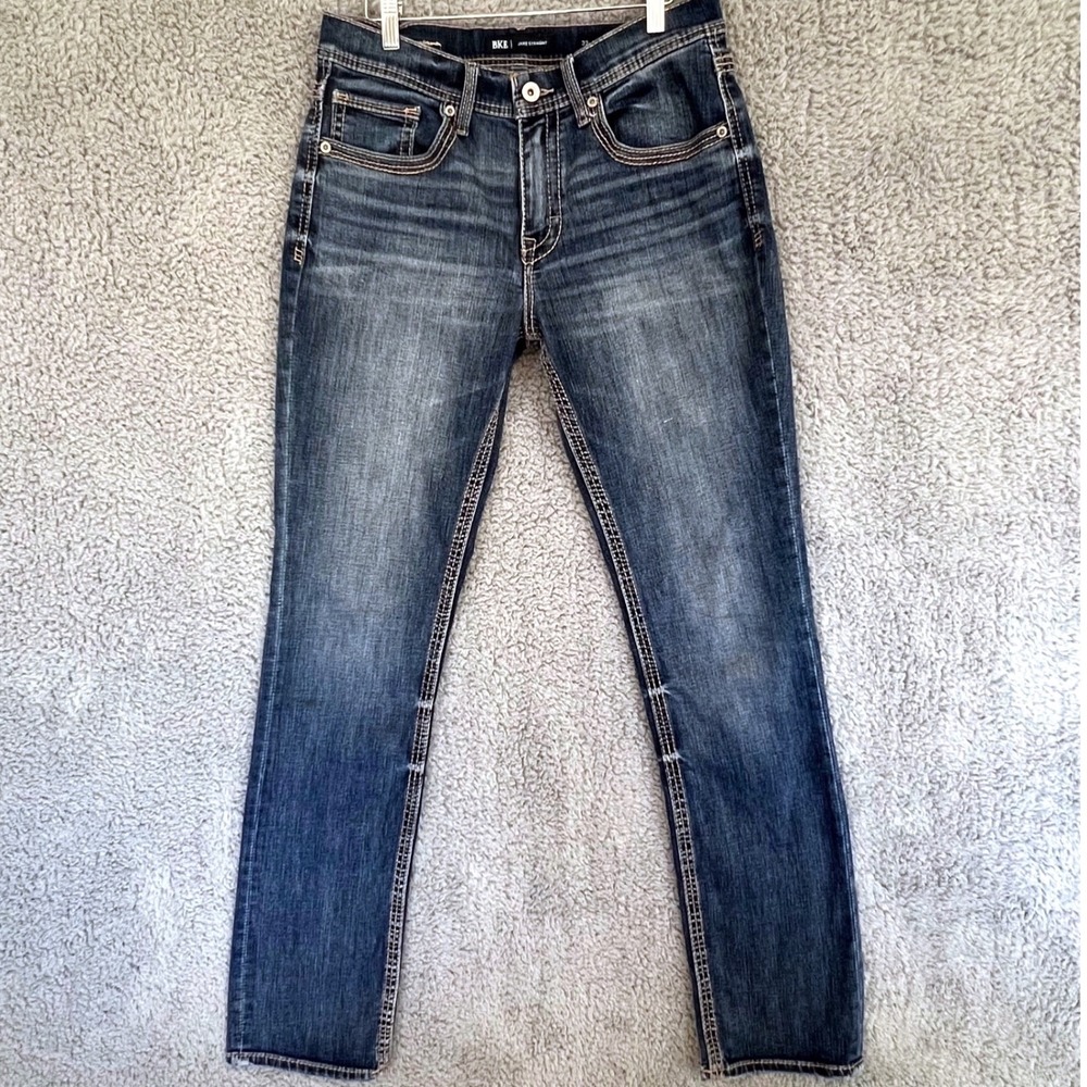 BKE Jake Straight Jeans Mens 32x36 Dark Wash Whiskered Contrast Stitch Denim